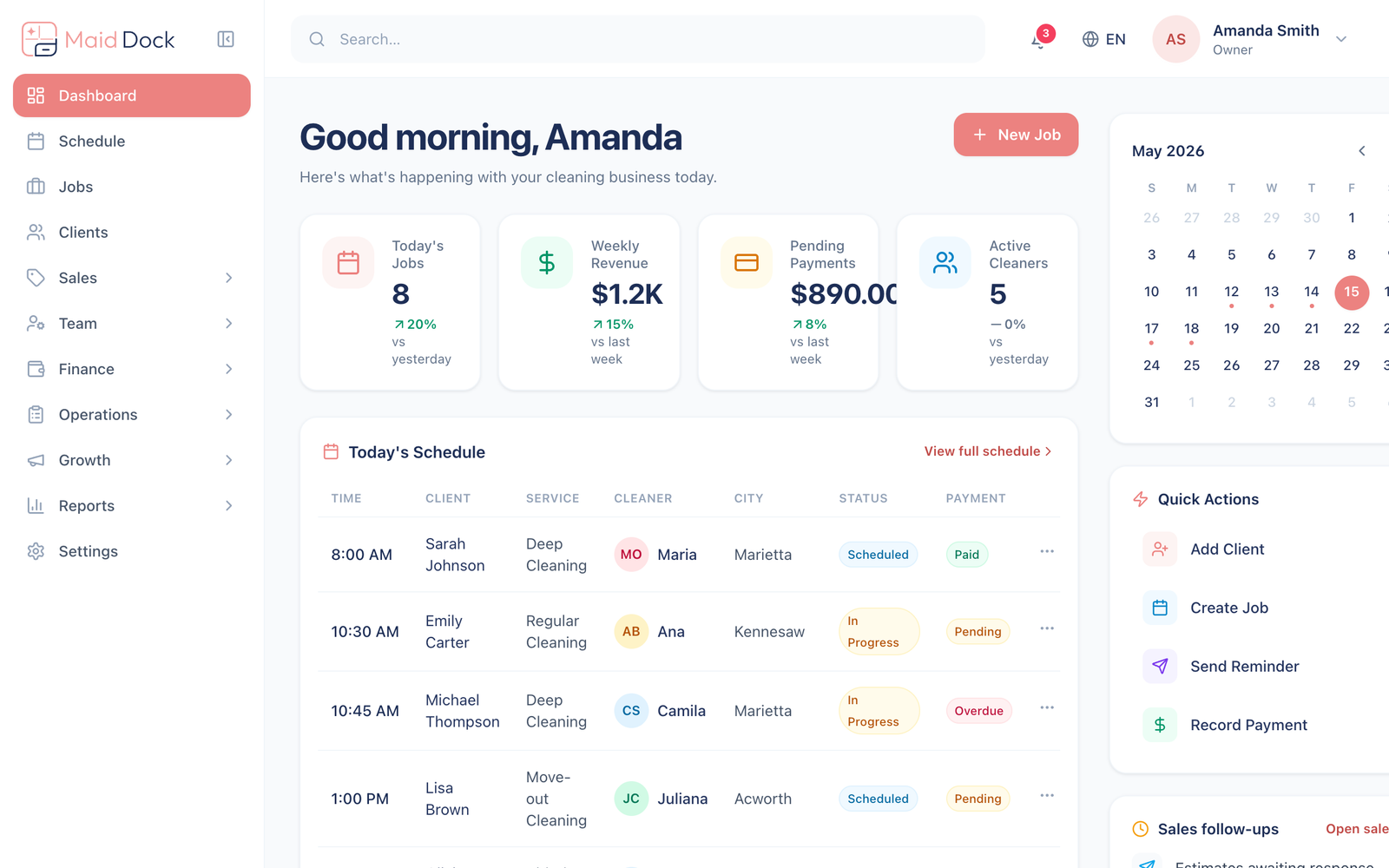 MaidDock dashboard